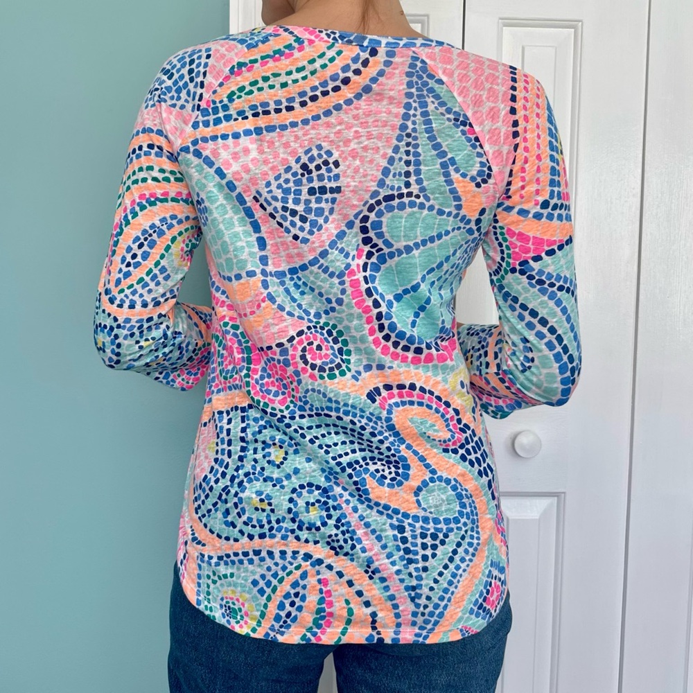 Lilly Pulitzer Vibrant Mosaic Blouse in Pink, Blue, and Green